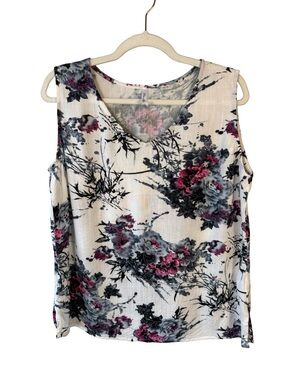 Blue Sky White Floral V-Neck Sleeveless Tank Pink & Gray Blooms Size M FLAWED